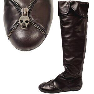 ALEXANDER MCQUEEN BOOTS OVER THE KNEE SKULL ZIPPER FLAT BLACK LEATHER 37.5 7.5